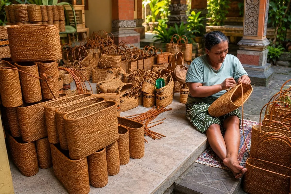 Artisan handweaving Shiva Urban handbags from natural fibers in Bali.