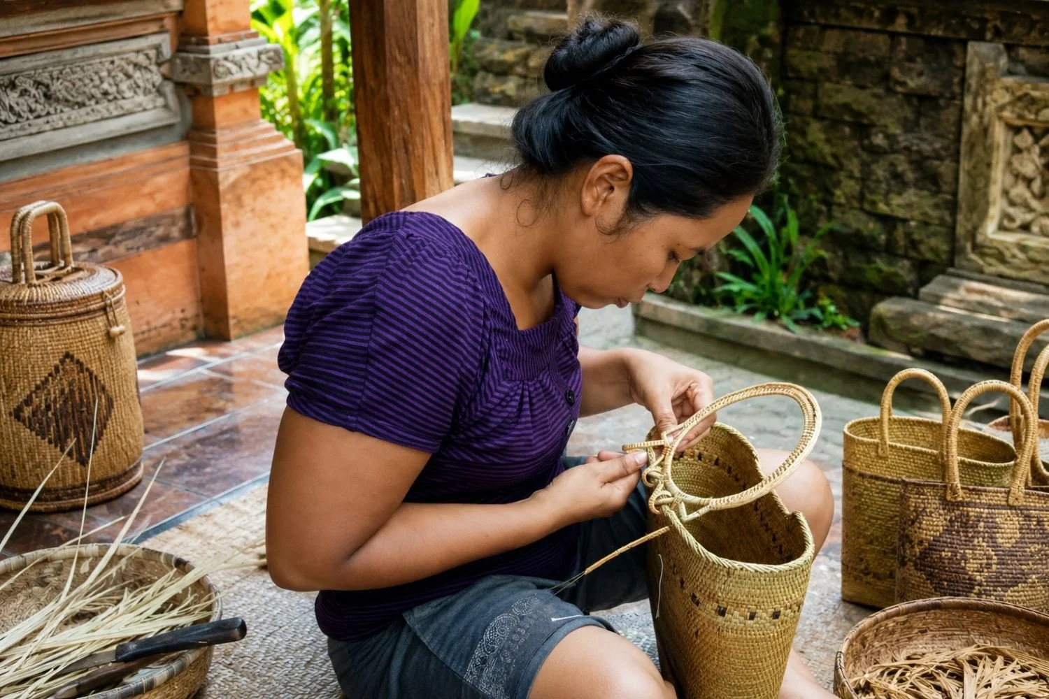 Artisan handweaving Shiva Urban top handle bags and purses using natural fibers.