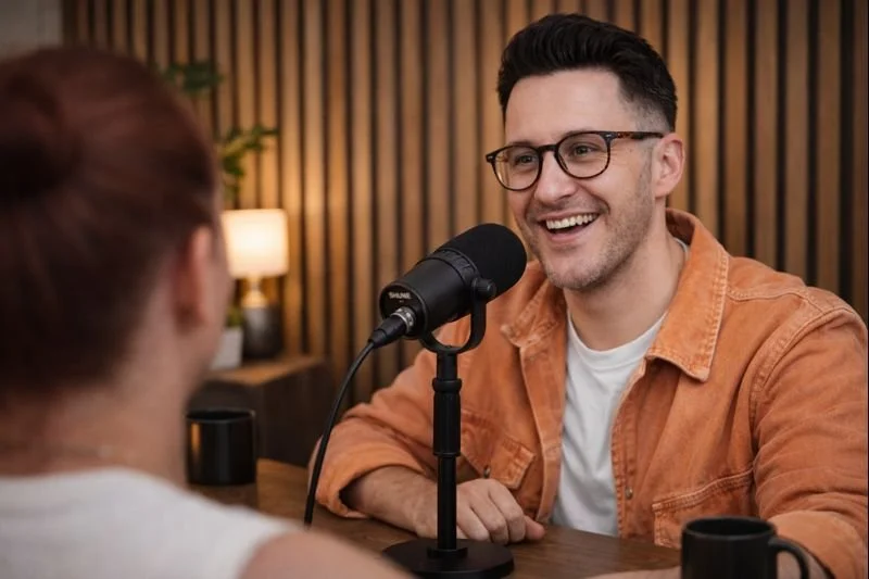 A man with glasses and a beard, smiling, speaks into a microphone during a podcast or interview. A woman is seated across from him, blurred in the foreground. The setting is warm and cozy with wood paneling and soft lighting.
