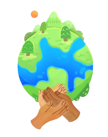 Illustration of hands holding a rolled-up dollar bill in front of a globe with green land and blue water, featuring mountains and trees.
