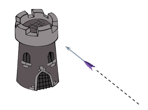 A digital illustration of a medieval-style castle tower with battlements, adjacent to a large, flat, gray rectangular surface, possibly a wall or platform, with some glowing neon accents.