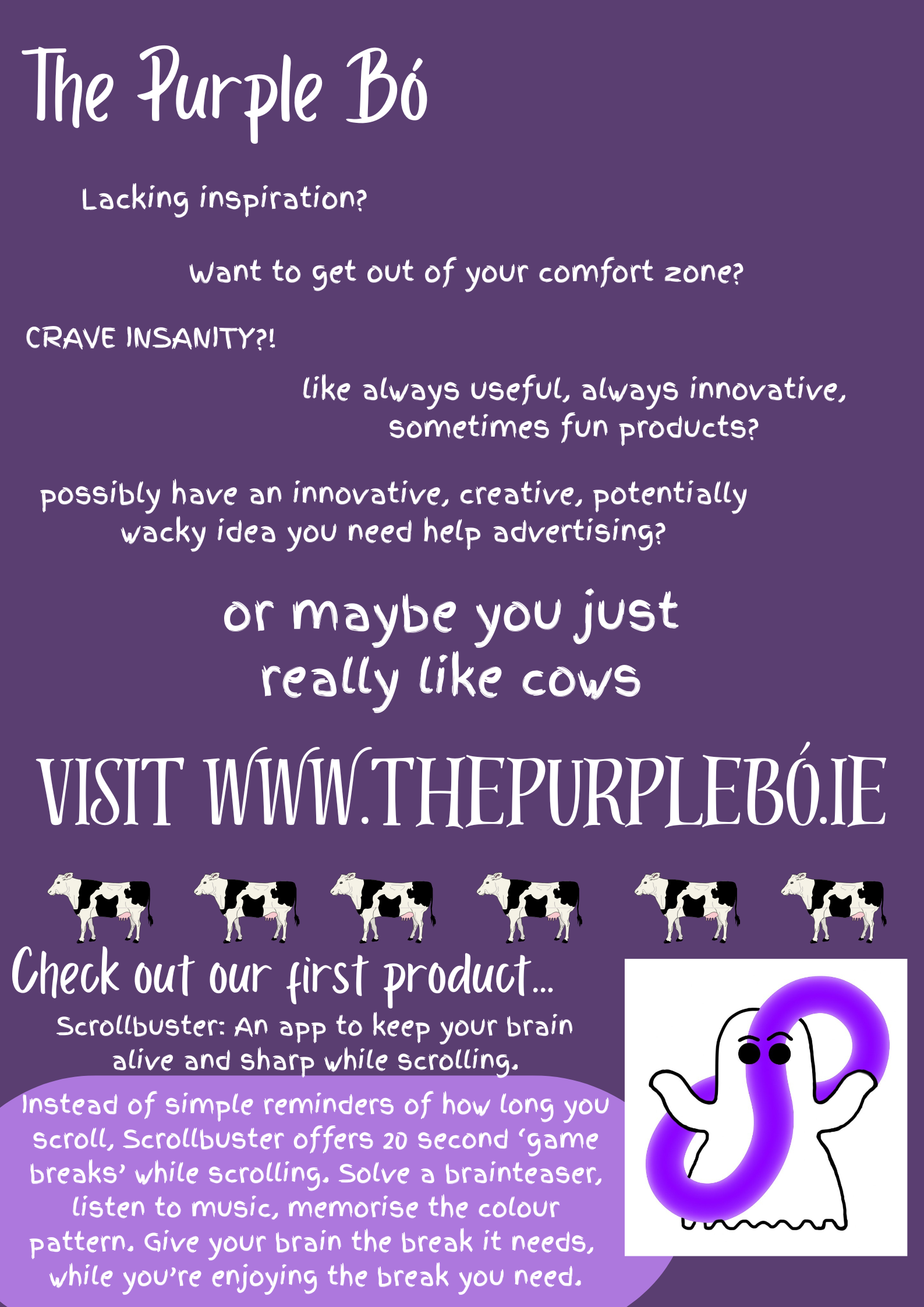 A purple background with white and purple text promoting a website called thepurplebo.ie. It features a humorous message about cows and suggests visiting the site for innovative products. There are cartoon cows and a ghost with a purple infinity sign