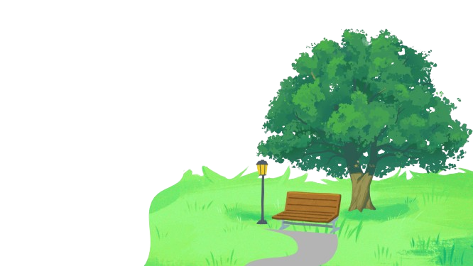Illustration of a park with a large tree, a bench, a walking path, and a lamppost.