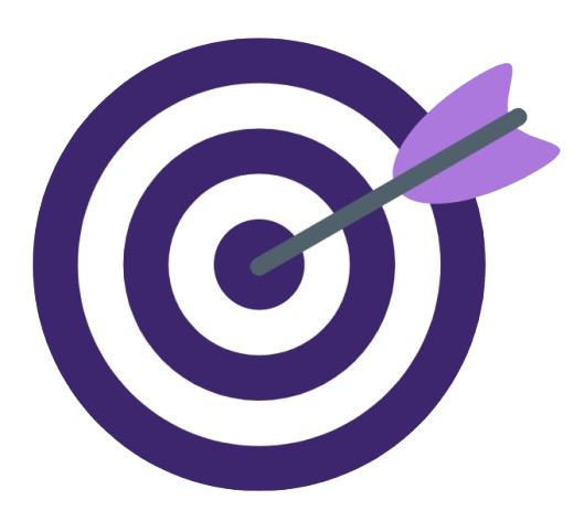 A purple and white target with an arrow hitting the bullseye.