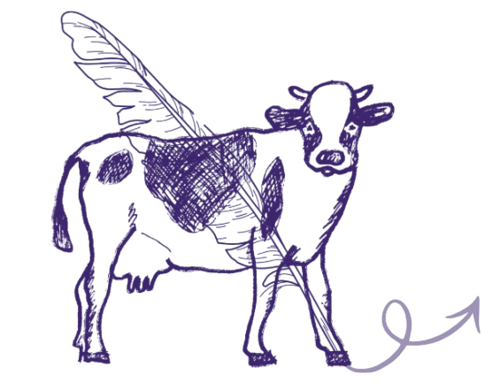 Illustration of a cow with fairy wings, a tail ending in an arrow, and sparkly details.