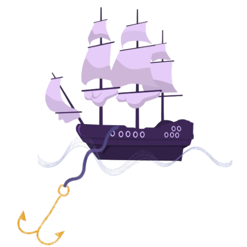 A cartoon pirate ship with black hull and white sails, positioned on stylized waves with an anchor in front.