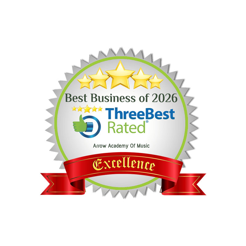 Award badge for ThreeBestRated, recognizing excellence in business for 2026, given to Arrow Academy of Music, with a five-star rating and a red ribbon banner.