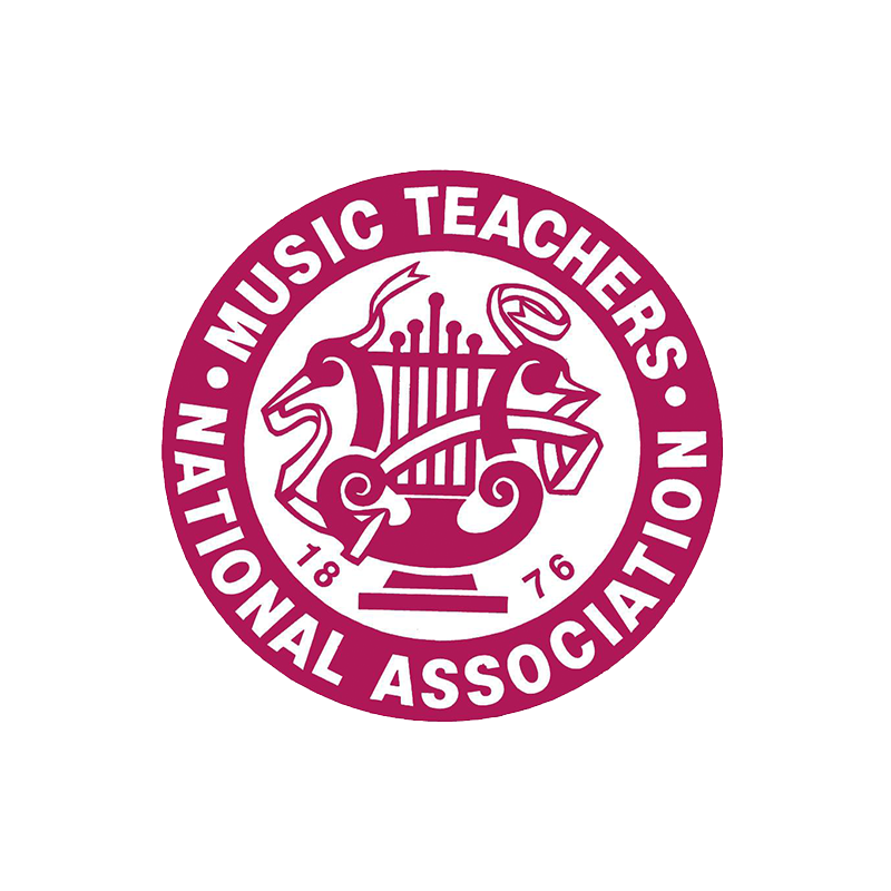 Logo of the Music Teachers National Association with a circular emblem featuring a creative musical instrument design in purple and white.