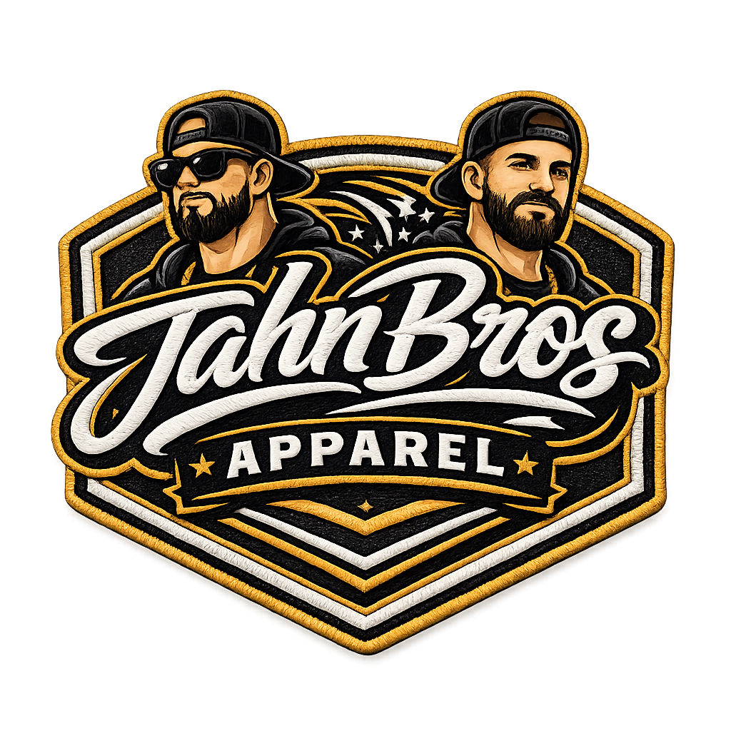 Patch logo for Tahi Bros Apparel featuring two bearded men wearing black caps and sunglasses, with a black, white, and gold color scheme.