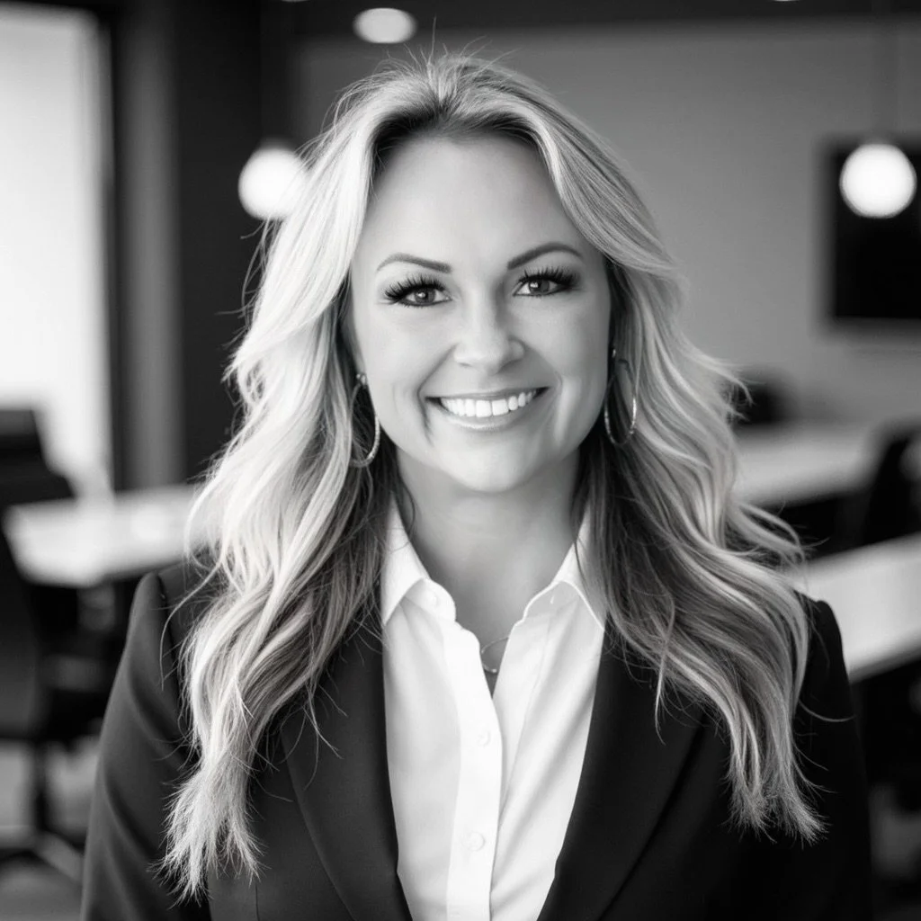 A smiling woman with long wavy blonde hair, wearing a white shirt and dark blazer, indoors with blurred background.