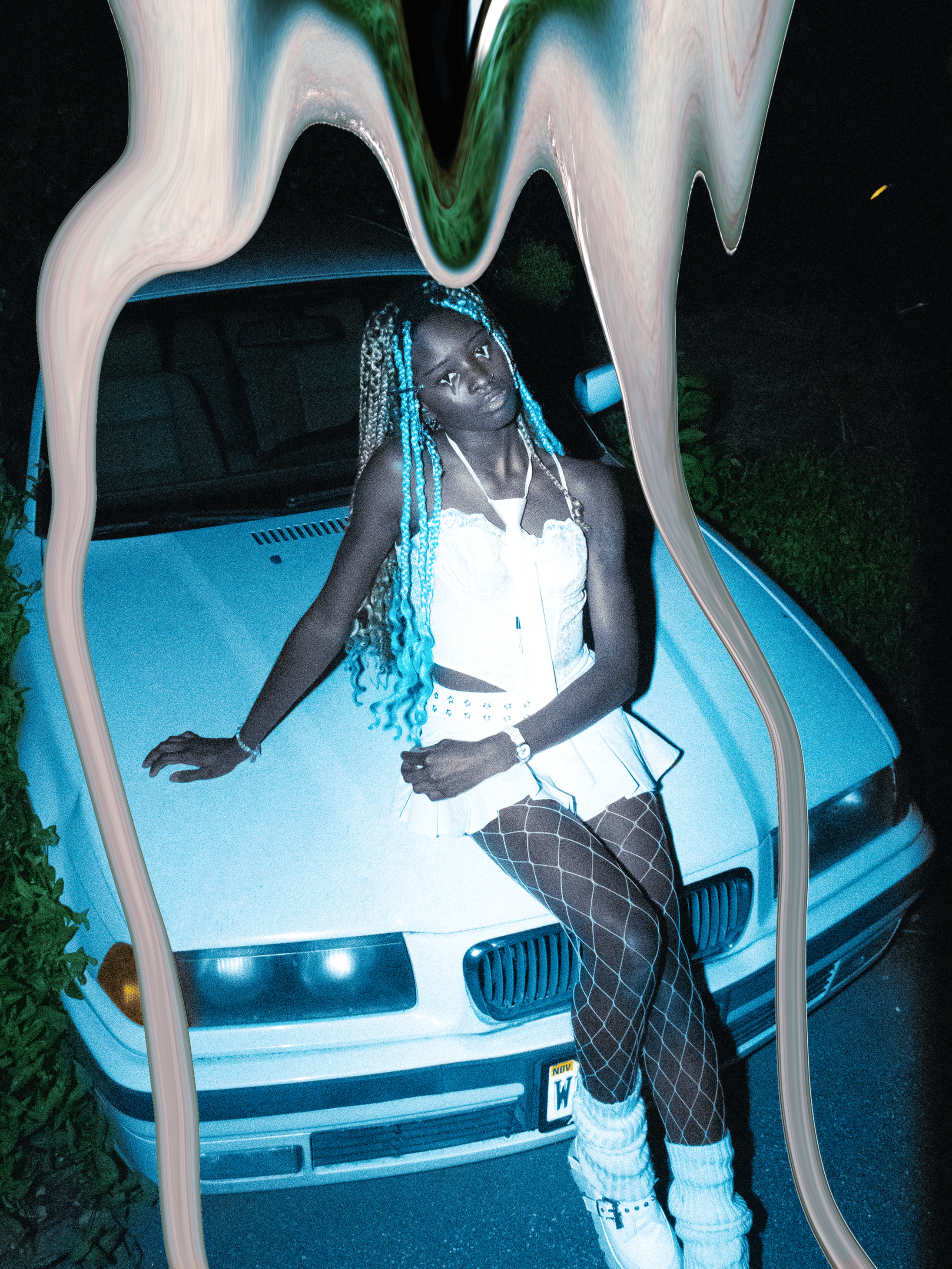 Erin De Shay with blue and blonde braids, wearing a white top, fishnet stockings, and white boots, leaning against the hood of a vintage white car at night, with a surreal, melting frame effect around the image.