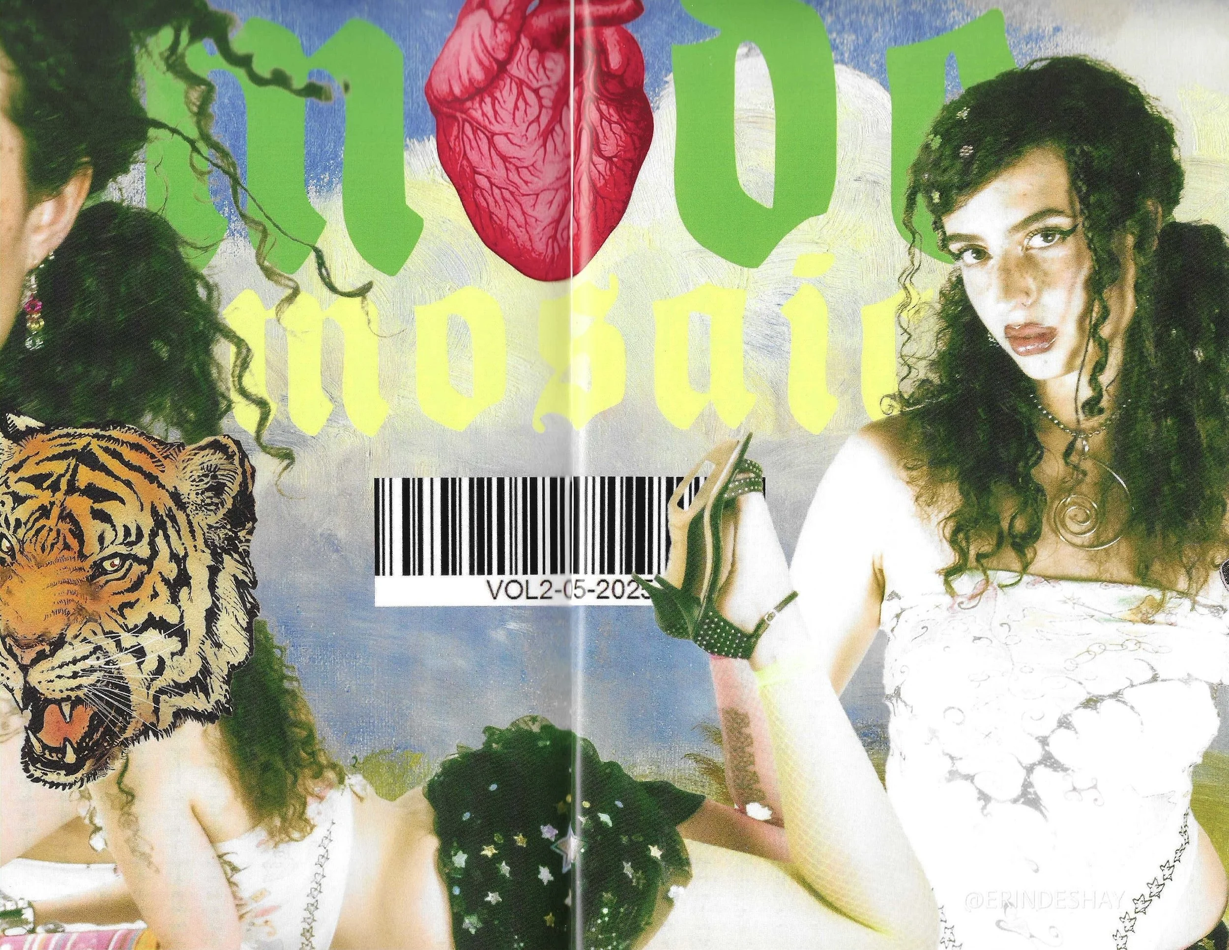 A colorful magazine cover featuring a woman with curly hair, makeup, and jewelry, next to an illustration of a tiger's head and a stylized human heart. The cover includes a barcode and the date volume 2, issue 5, 2023.
