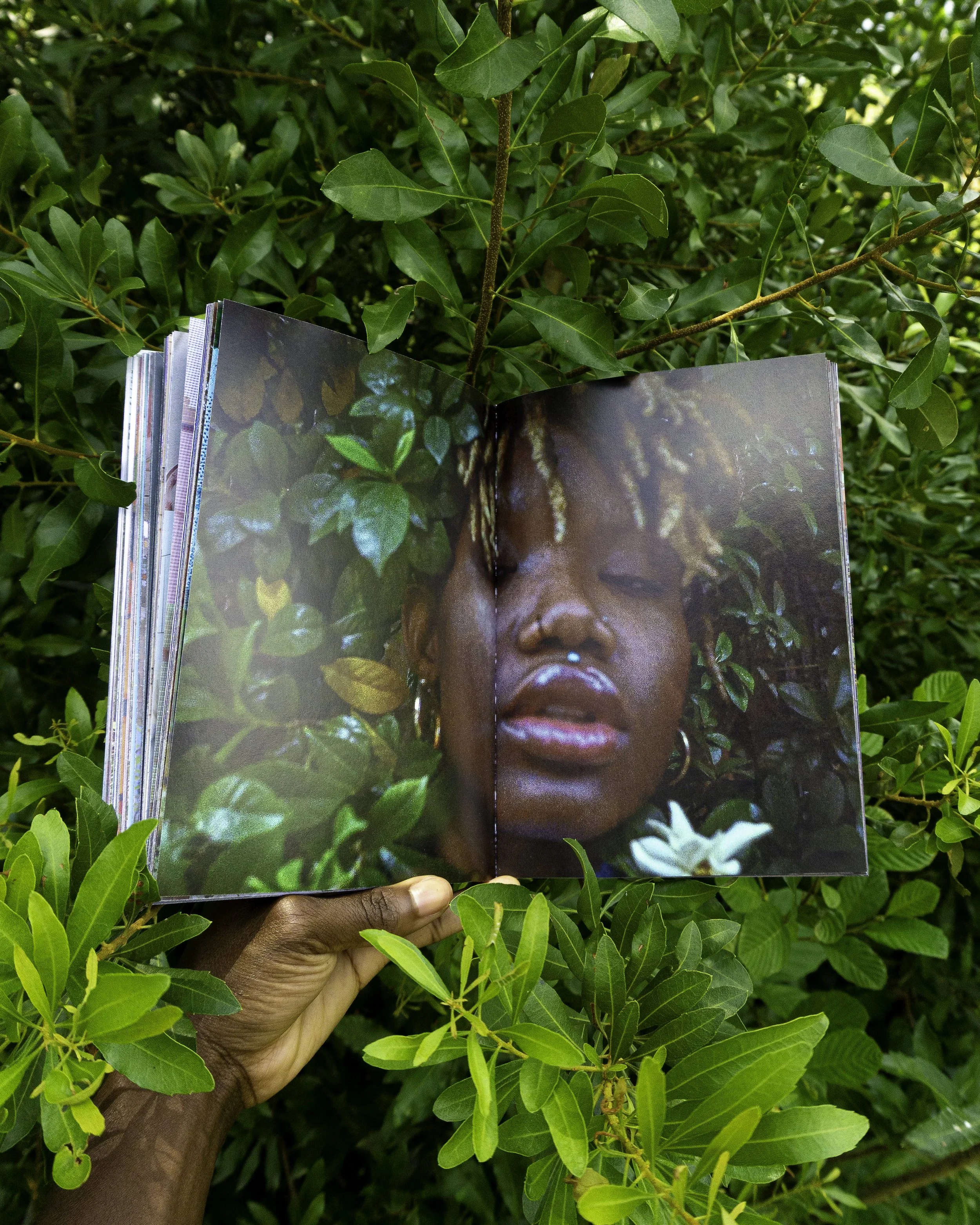 A person holding an open magazine with a photograph of a person with braided hair and closed eyes, surrounded by green plants. This magazine is MODE MOSAIC magazine.