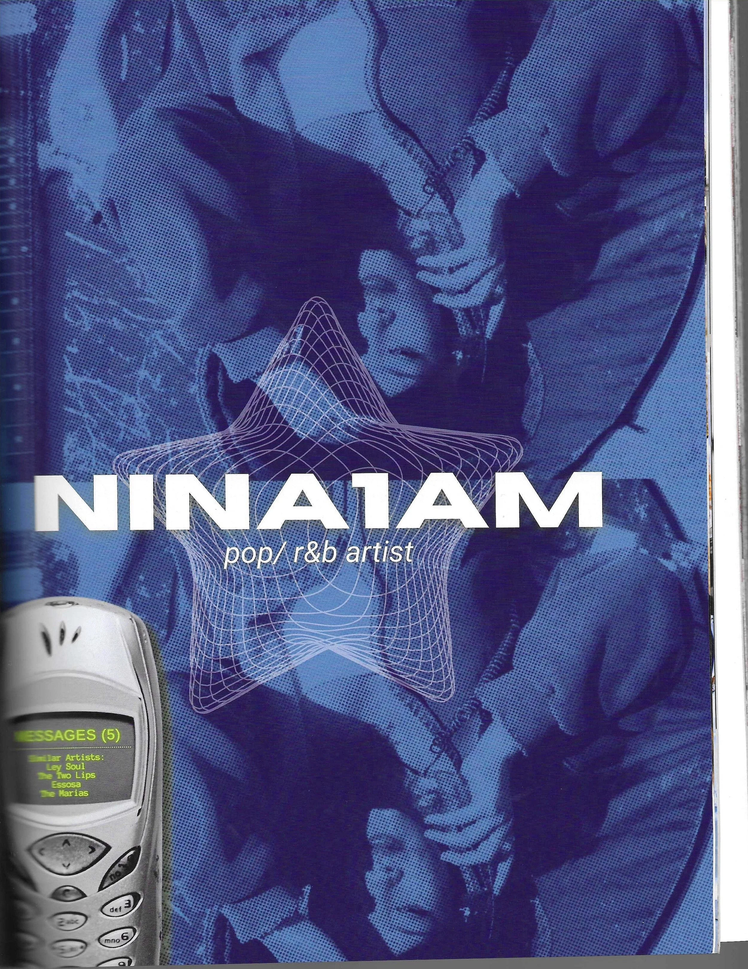 Magazine cover featuring the artist Nina1am, labeled as pop/r&b artist, with a background image of a group of young people taking a silly picture with one person holding a phone, and a graphic of a wireframe star and a classic mobile phone displaying messages.