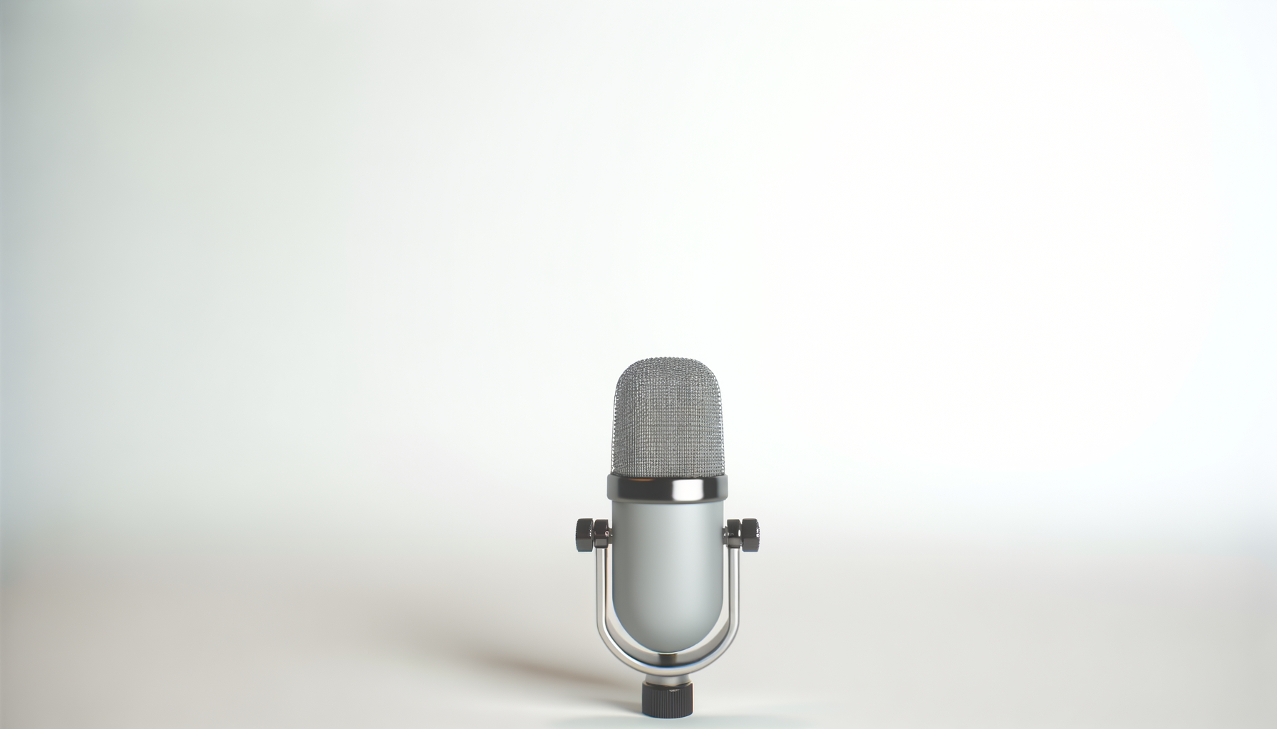 A vintage-style microphone with a silver body and black accents, standing upright on a white surface against a plain white background.