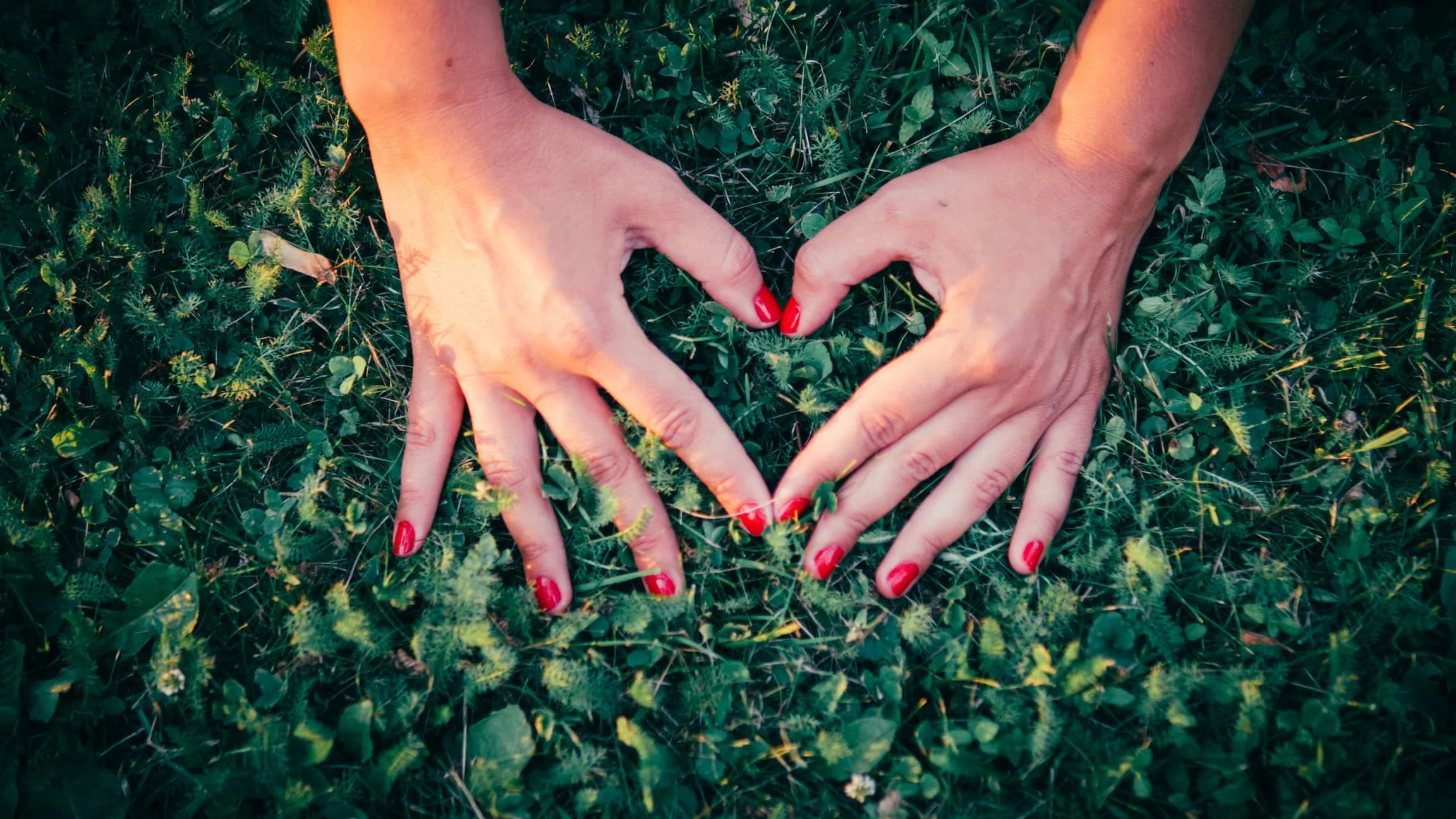 Hands forming a heart shape against grass