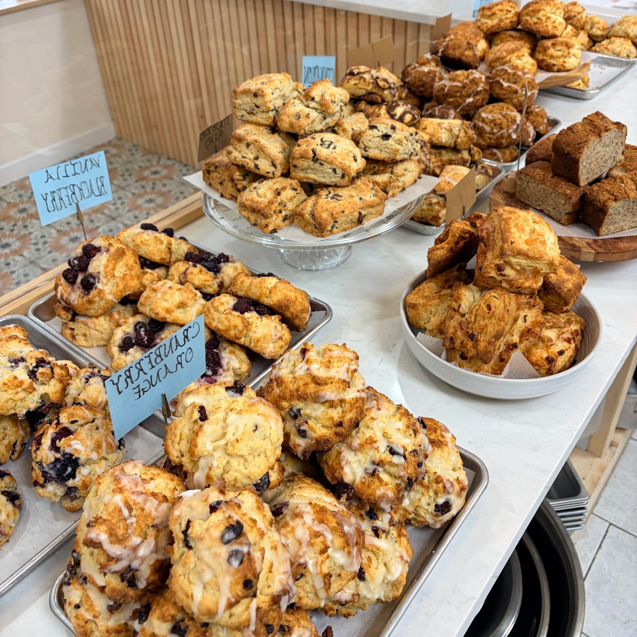 A case showcasing various baked goods.