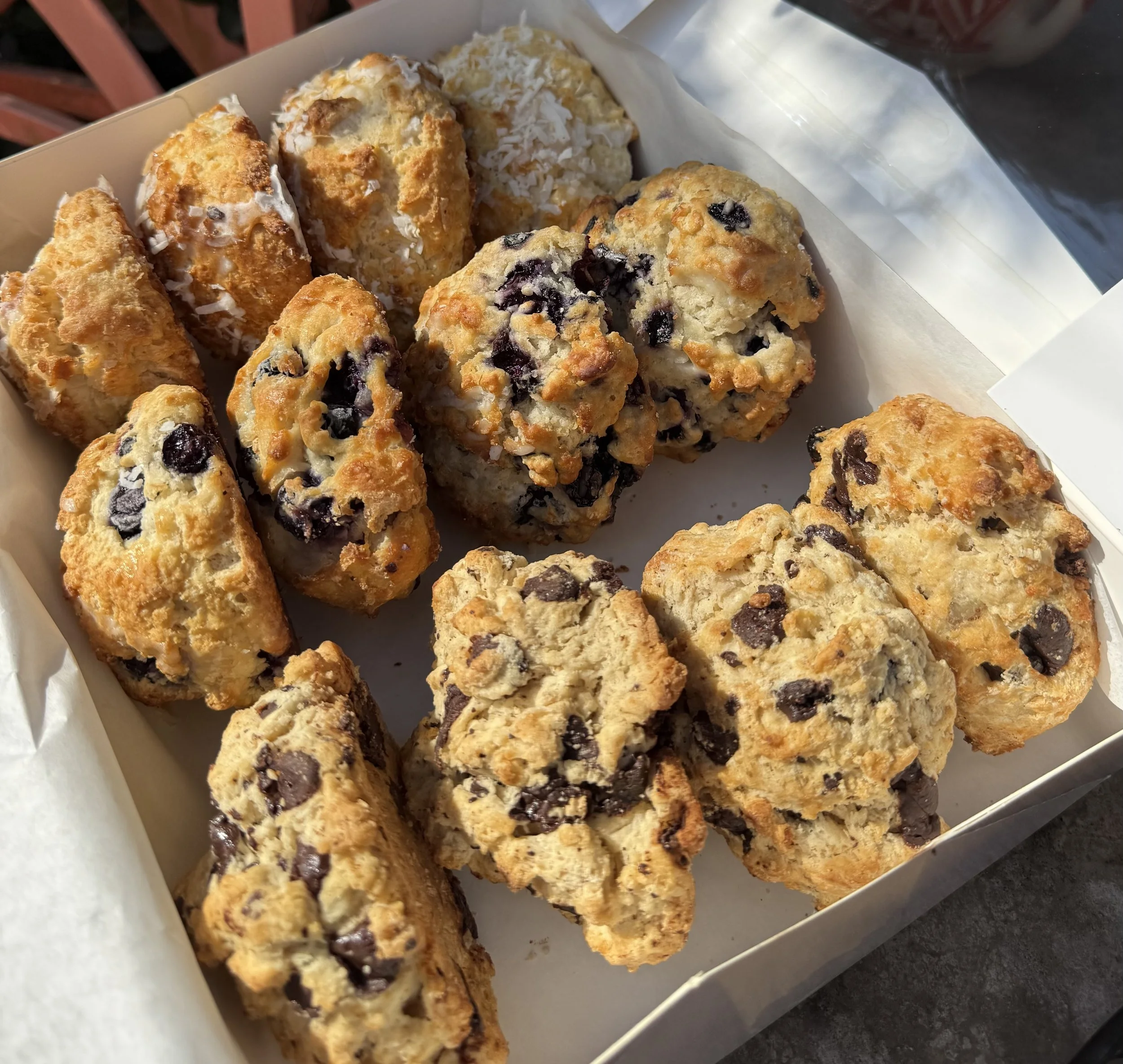 A box of assorted homemade cookies, including chocolate chip, coconut, and oatmeal raisin varieties.