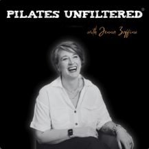 Black and white cover image featuring an older woman laughing, wearing a white shirt, with text 'Pilates Unfiltered with Joanna Zaferiou.'