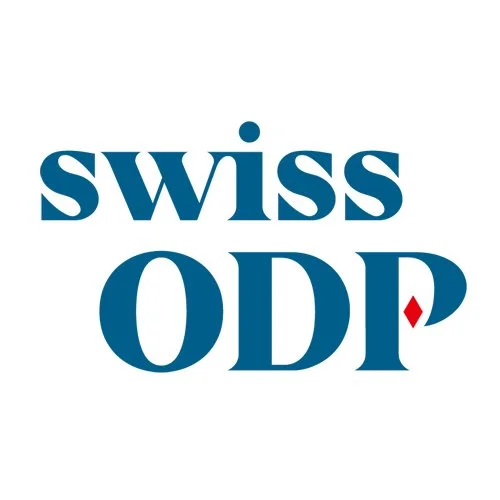 Logo with the words 'Swiss ODI' in blue, with a small red diamond shape inside the letter 'P' in 'ODI'.