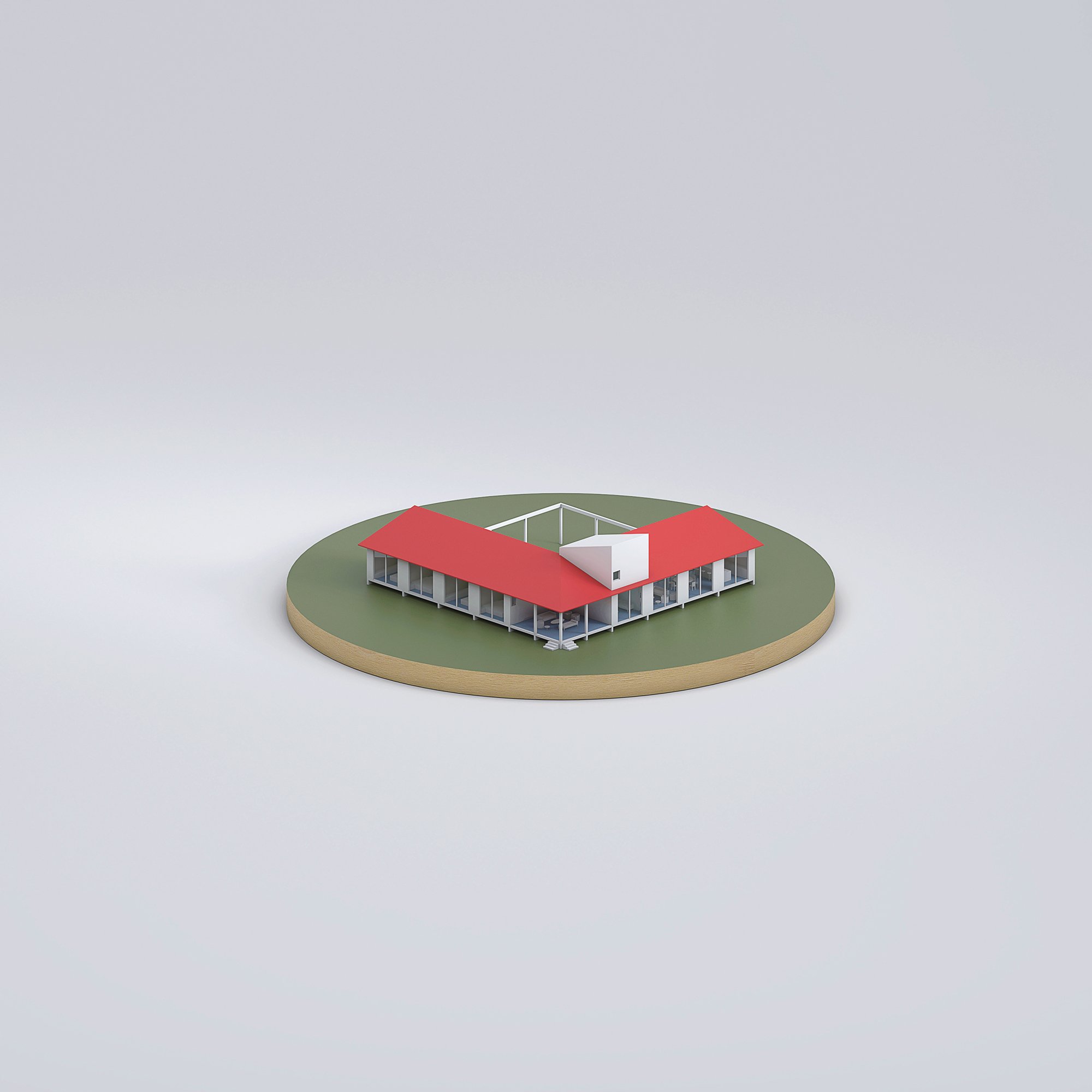 3D architectural model of a modern house with a red roof, white walls, large windows, and a surrounding green yard.