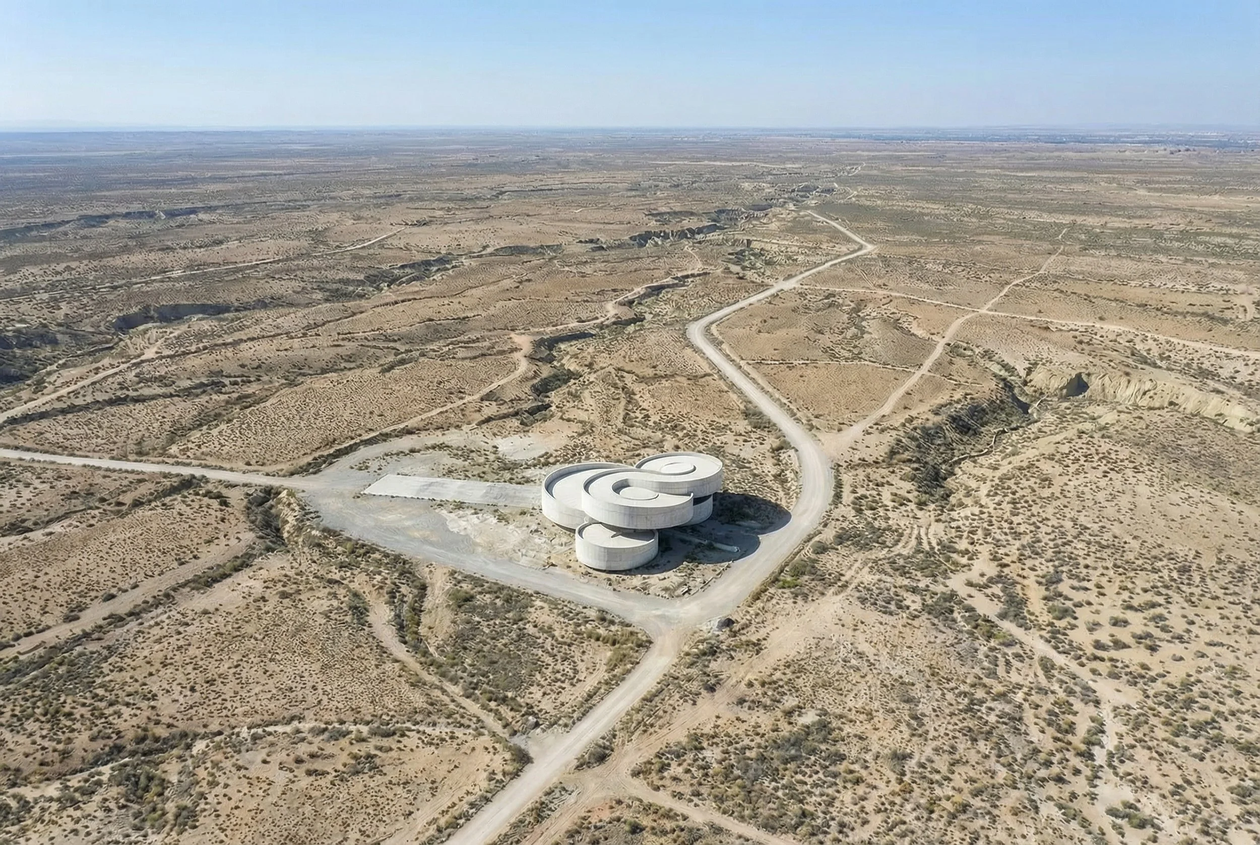 Aerial view of a desert landscape with a modern, white, spiral-shaped building in the foreground and dirt roads crossing the terrain.