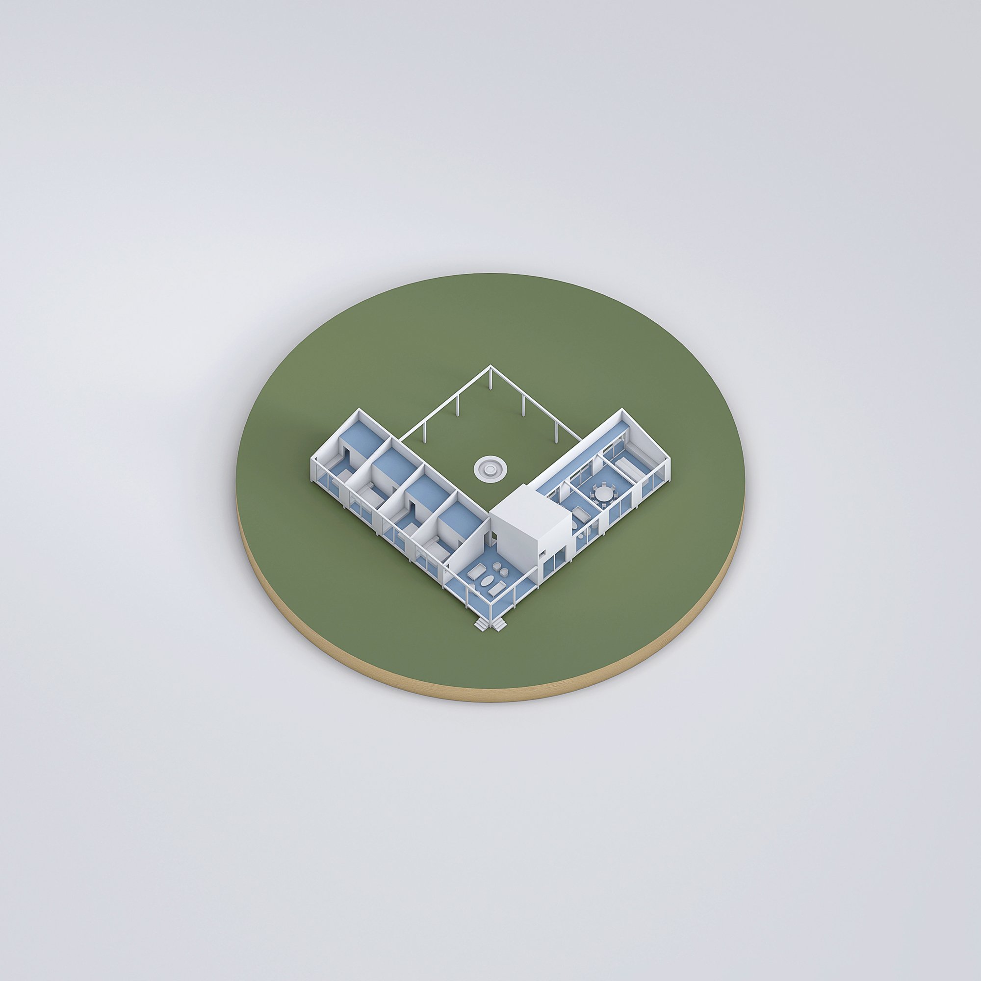 Floor plan of a modern house with an open kitchen, dining area, living room, bedrooms, and bathrooms, set on a grassy circular patch.