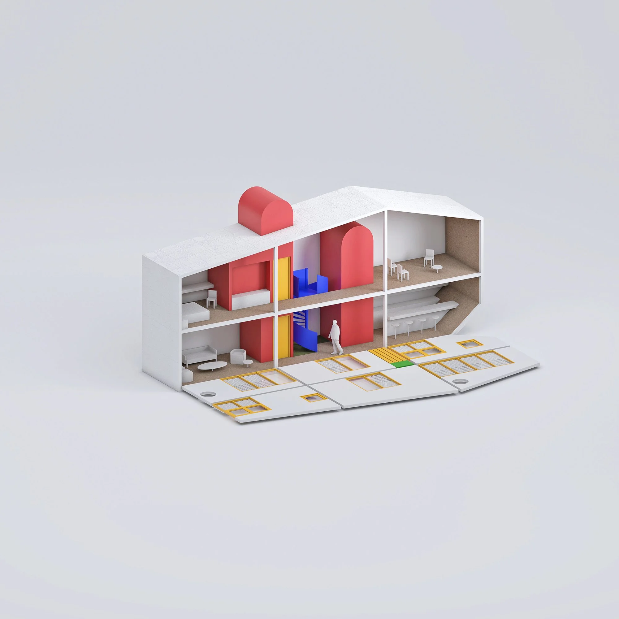 A modern, minimalist dollhouse with multiple rooms, furniture, and colorful architectural features, set against a plain light background.