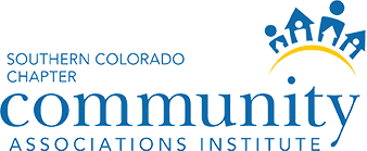 Logo of Southern Colorado Chapter Community Associations Institute with stylized group of people holding hands in a semi-circle above a curved yellow line.