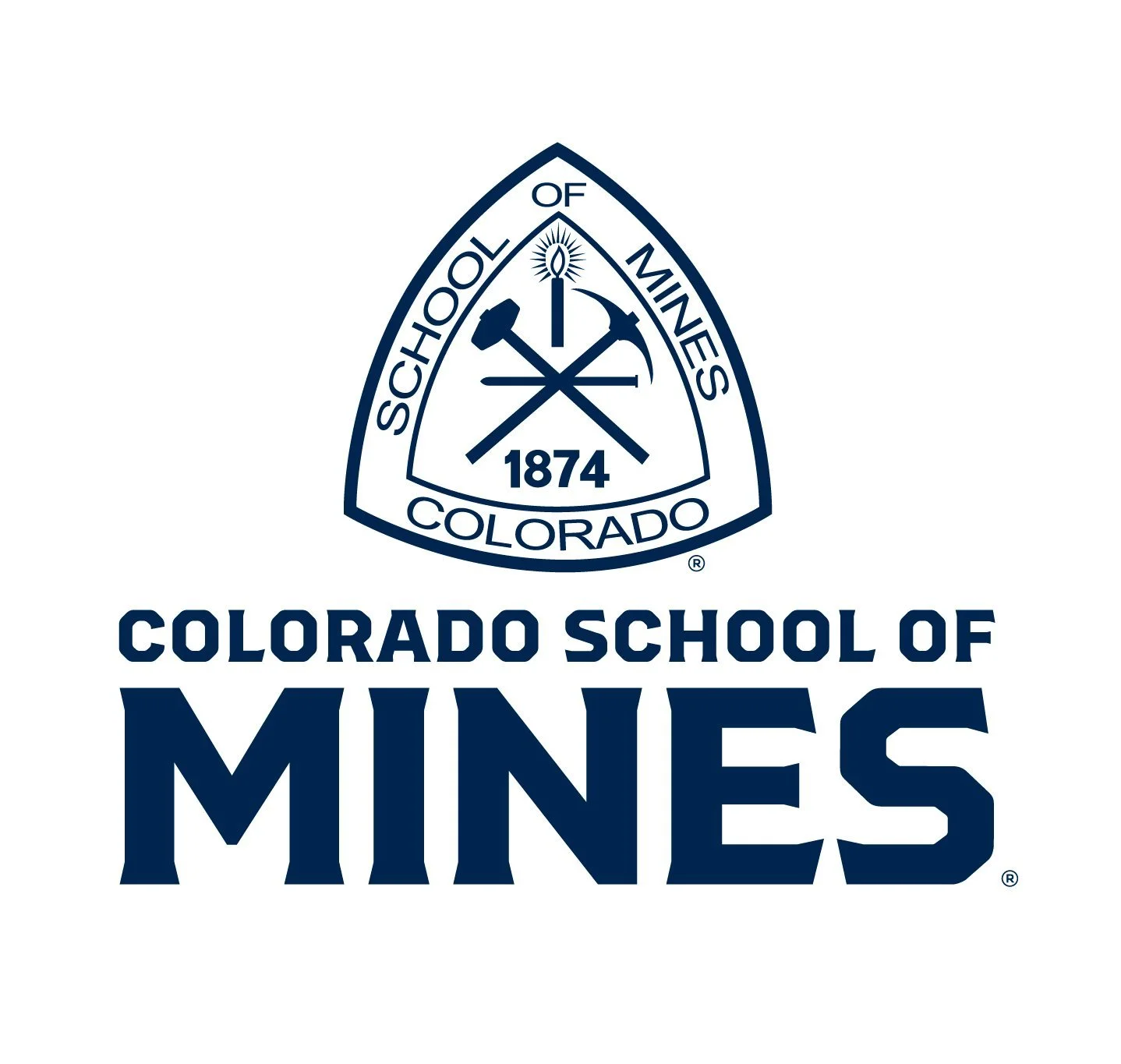 Logo of the Colorado School of Mines featuring a shield with mining tools and the year 1874, along with the text 'Colorado School of Mines' and 'Mines' in bold.