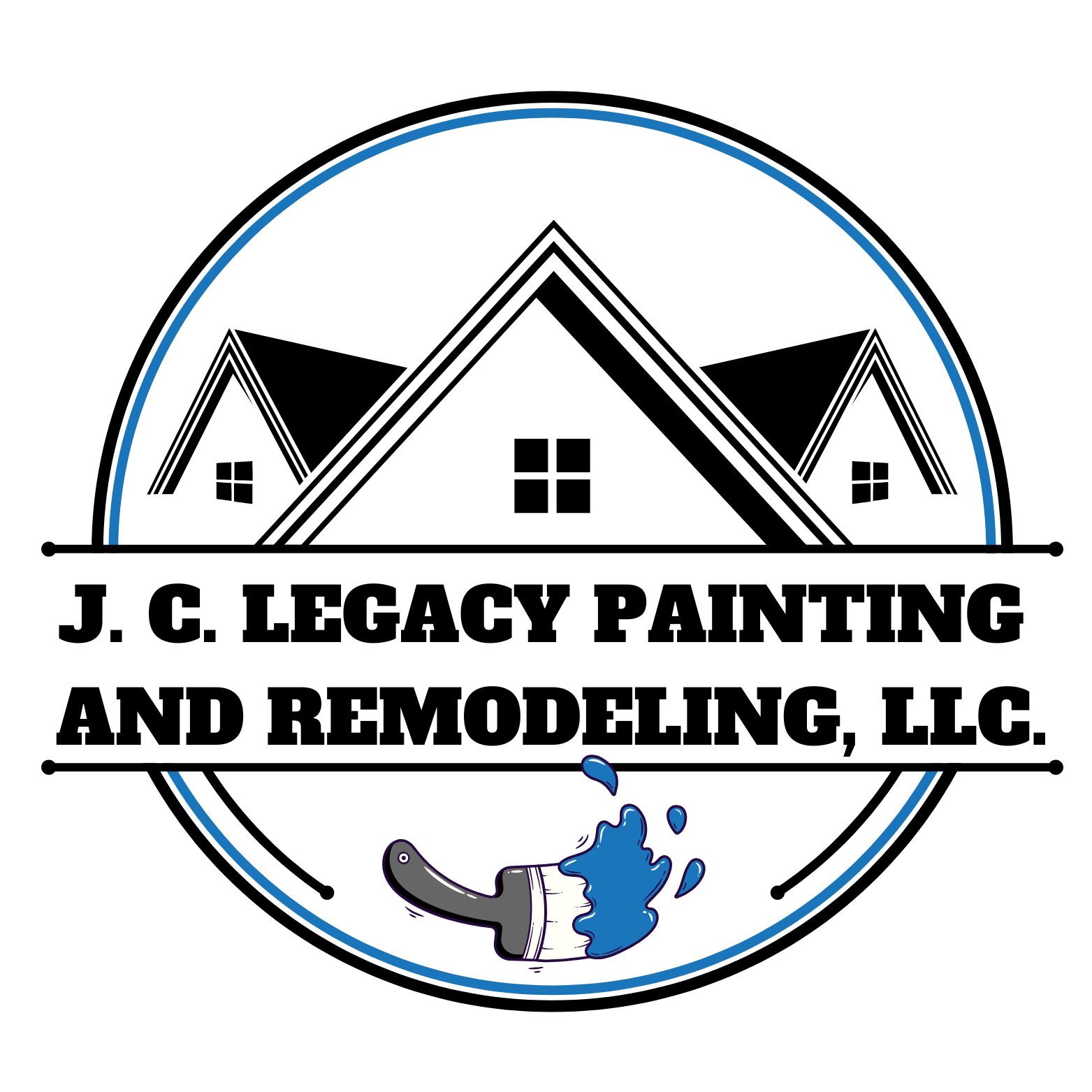 Logo for J. C. Legacy Painting and Remodeling, LLC featuring stylized houses, a paintbrush with blue paint, and bold black text.