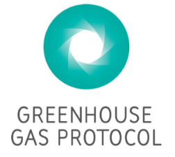 Logo of greenhouse gas protocol with a circular abstract symbol in teal and black text