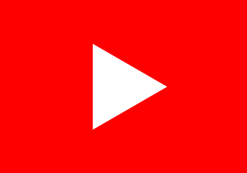 Icon of a white play button on a red background.