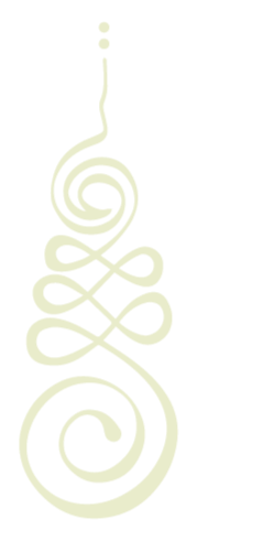 A decorative design with a swirl and loop pattern on a white background.