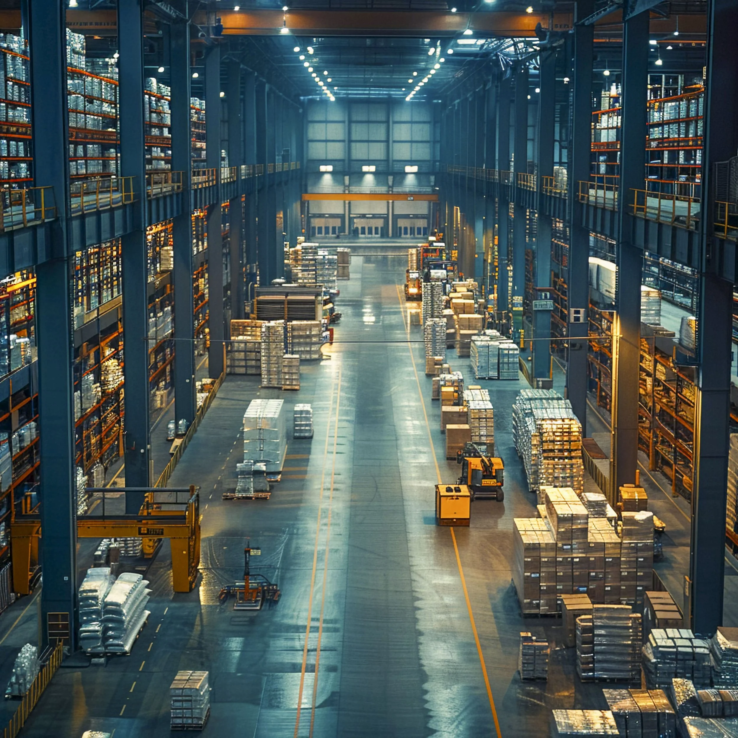 Inside a large warehouse or distribution center with high shelves filled with boxes, pallets on the floor, a forklift, and industrial equipment.