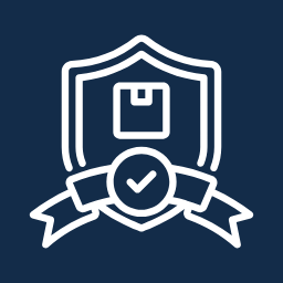 A shield with a checkmark inside, surrounded by a ribbon and a package icon at the top, representing security or protection.