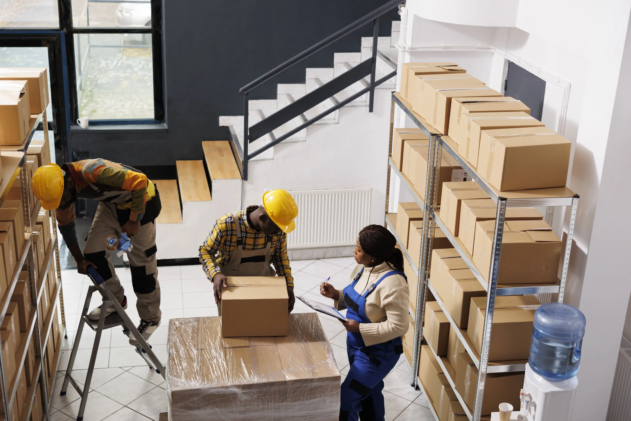 Three workers, two men and one woman, are in a warehouse. The women is holding a clipboard, and the men are handling a cardboard box, one standing on a ladder. The warehouse has shelves with boxes and a water cooler.