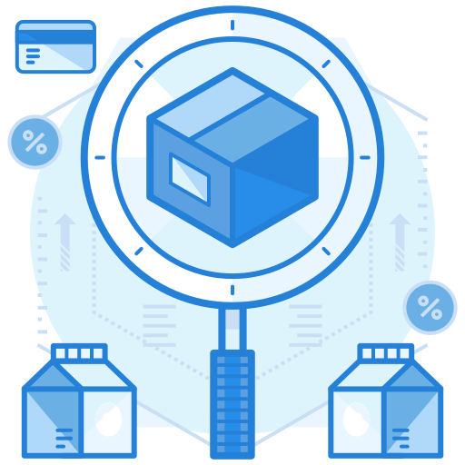 Illustration of a package inside a magnifying glass, surrounded by grocery bags, percentage symbols, and a card, representing shopping or product analysis.