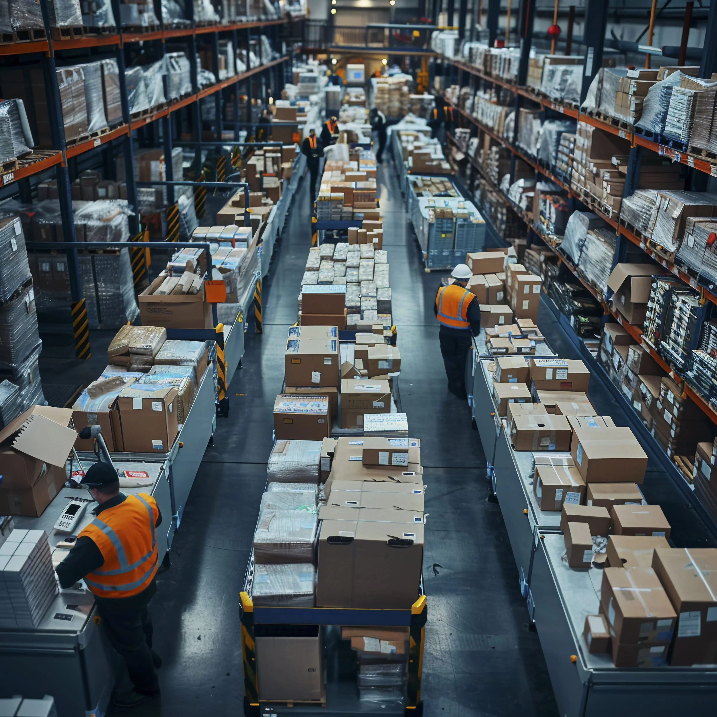 Warehouse workers wearing orange safety vests and white helmets sorting and managing packages on conveyor belts surrounded by stacked boxes and shelves.