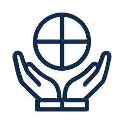 Outline of two hands holding a globe with a cross inside it.