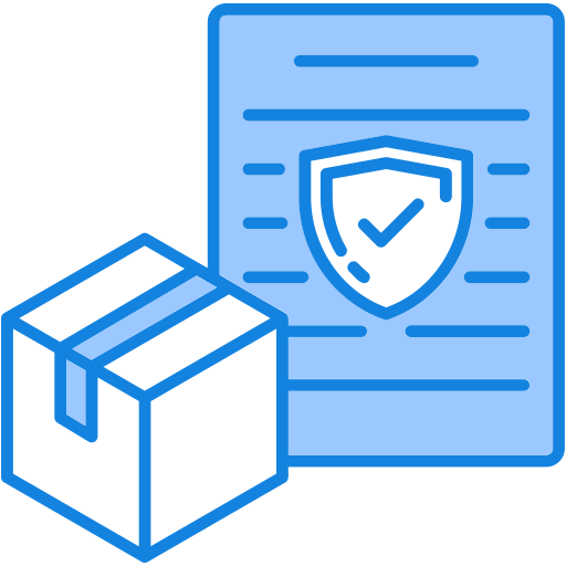 A package with a shield and checkmark icon on a document indicating secure delivery or insurance.
