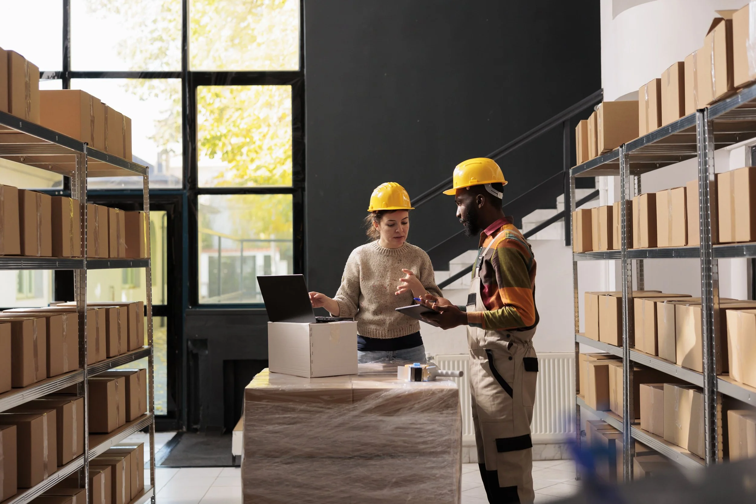 Two workers wearing yellow safety helmets working in a warehouse with shelves filled with boxes, talking and discussing something near a table with a laptop, a box, and some items inside.