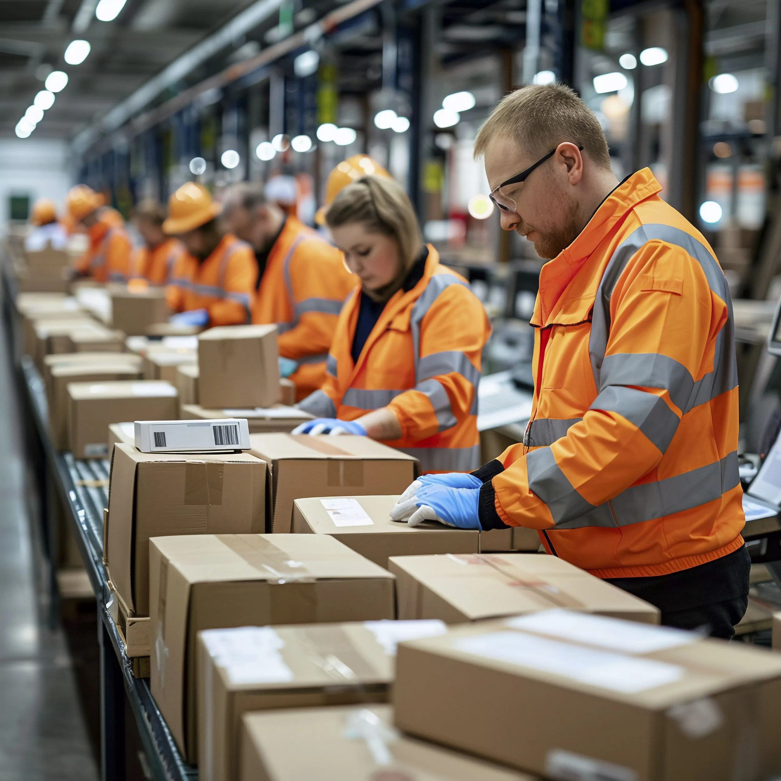 Workers in high-visibility orange jackets and gloves sorting packages on a conveyor belt in a warehouse.
