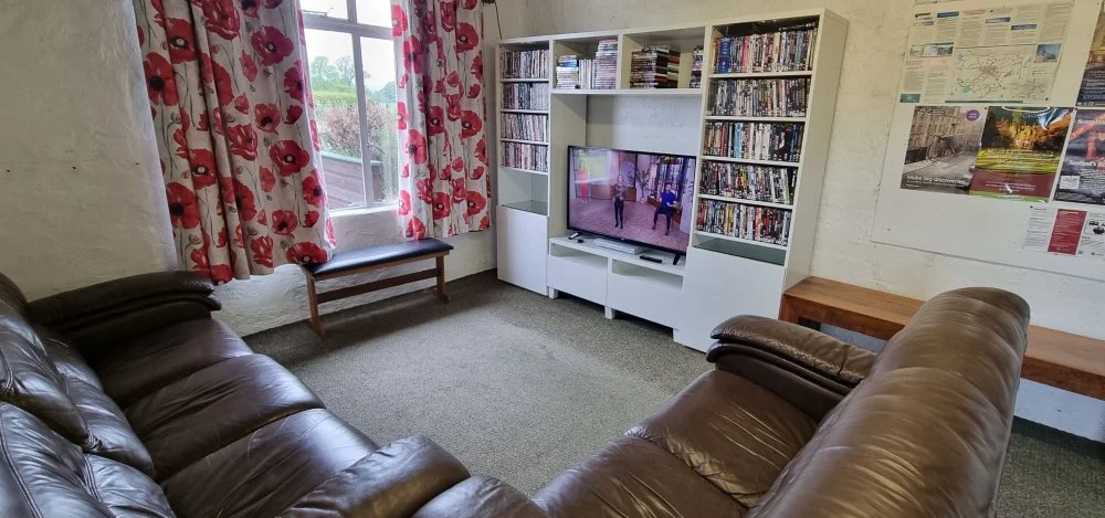A cozy living room with a brown leather couch, a window with floral curtains, a TV on a white entertainment center, DVD shelves, and a small wooden table. There are posters on the wall.
