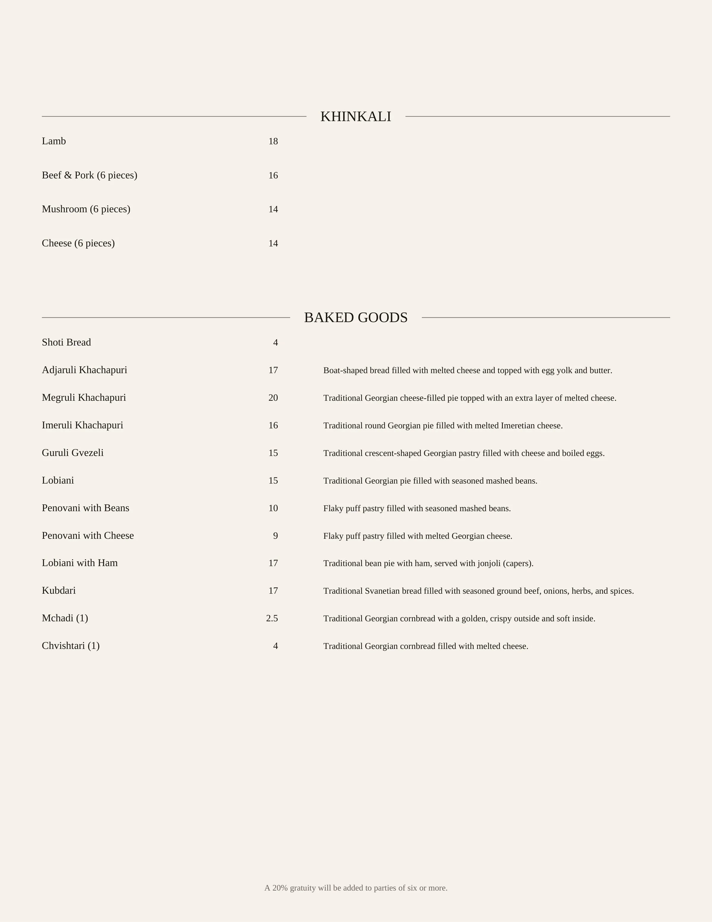 A menu featuring traditional Georgian dishes such as khinkali, baked goods, and various meat and cheese-filled pastries.