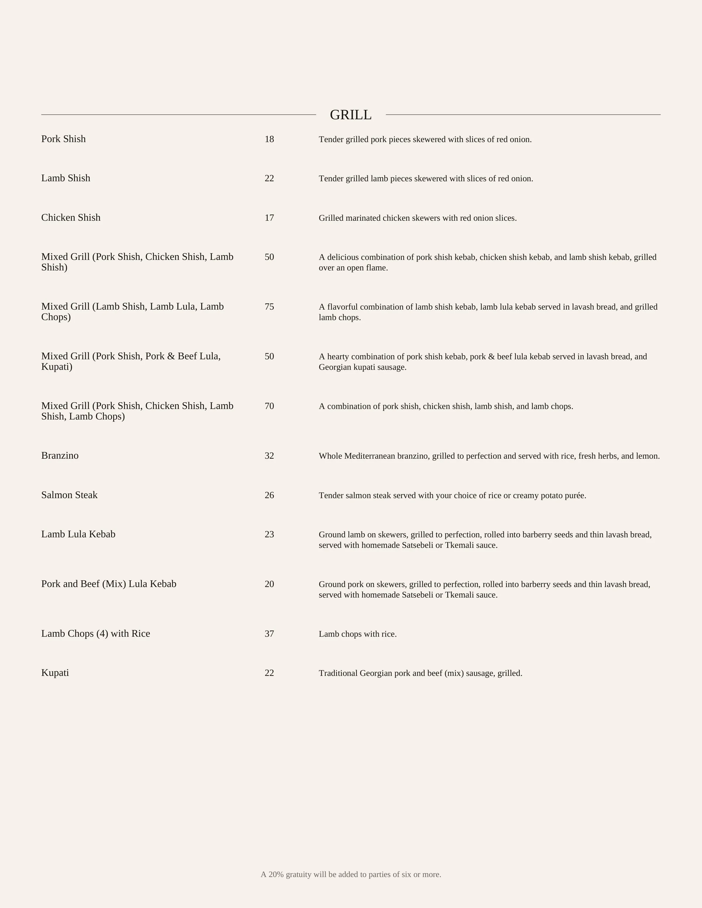 A restaurant menu page titled "GRILL" listing various grilled meat dishes with their prices and descriptions, including pork shish, lamb shish, chicken shish, mixed grill, branzino, salmon steak, lamb lula kebab, pork and beef lula kebab, lamb chops with rice, and traditional Georgian pork and beef sausage.