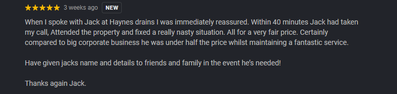 Screenshot of a review expressing satisfaction after Jack fixed a plumbing issue at Haynes, mentioning timely service, good pricing, and recommending Jack to others.