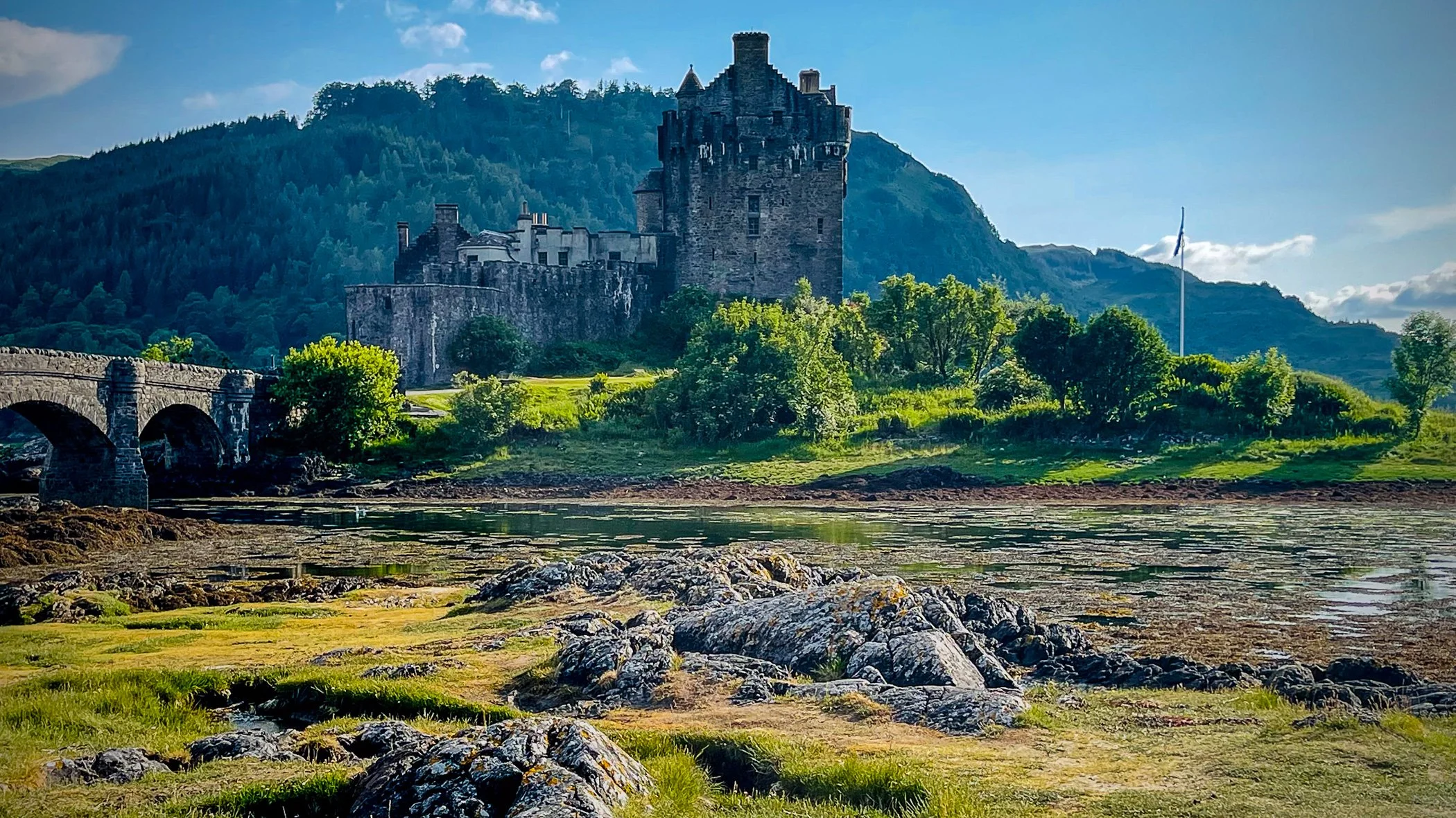 A medieval castle with towers situated on a hill, surrounded by green trees and grass, with a stone bridge crossing a water body in the foreground, and mountains in the background.