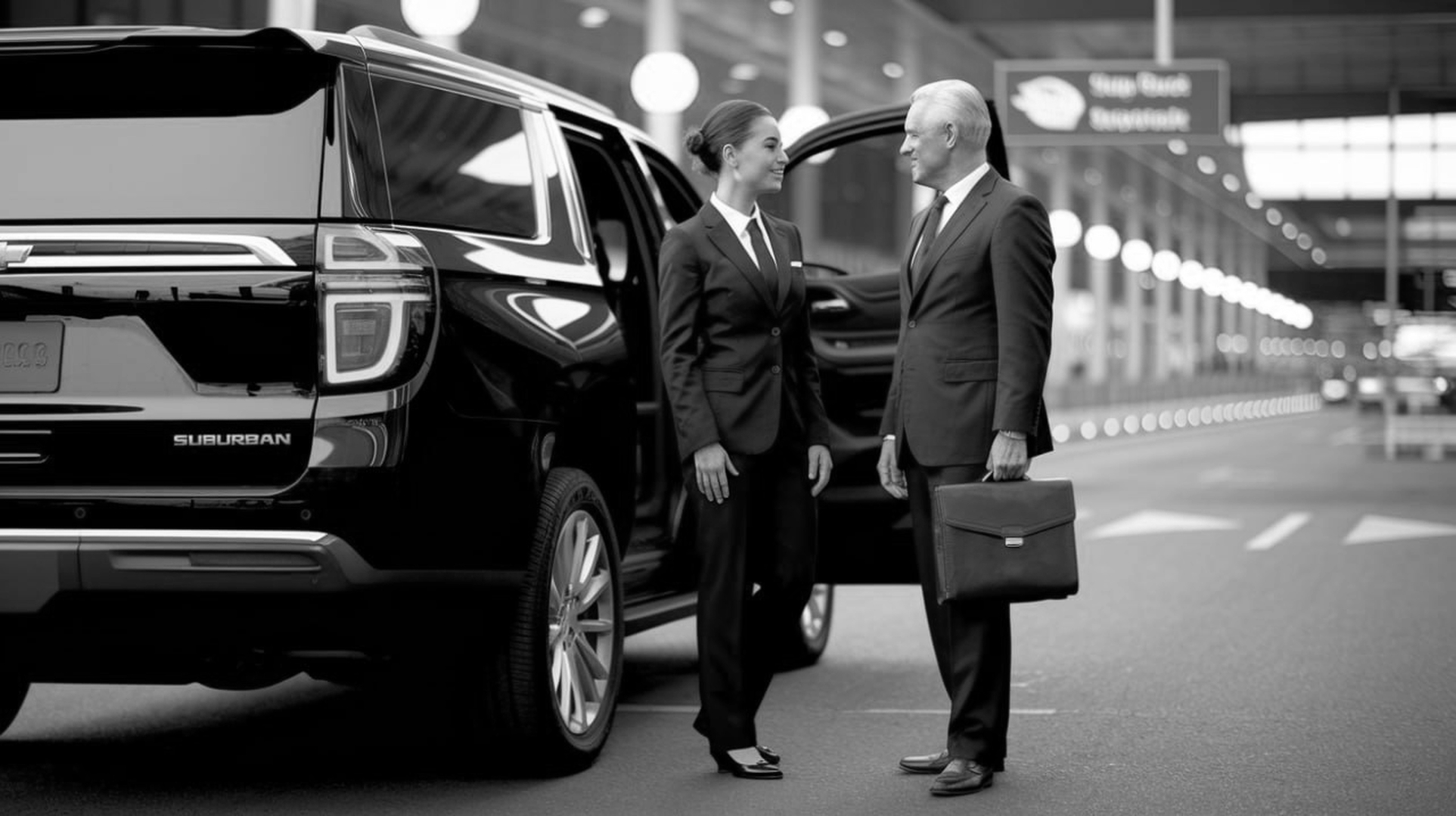 A businessman and a businesswoman in formal attire at an airport, standing beside a black Chevrolet Suburban SUV. The man holds a briefcase, and they are smiling at each other.