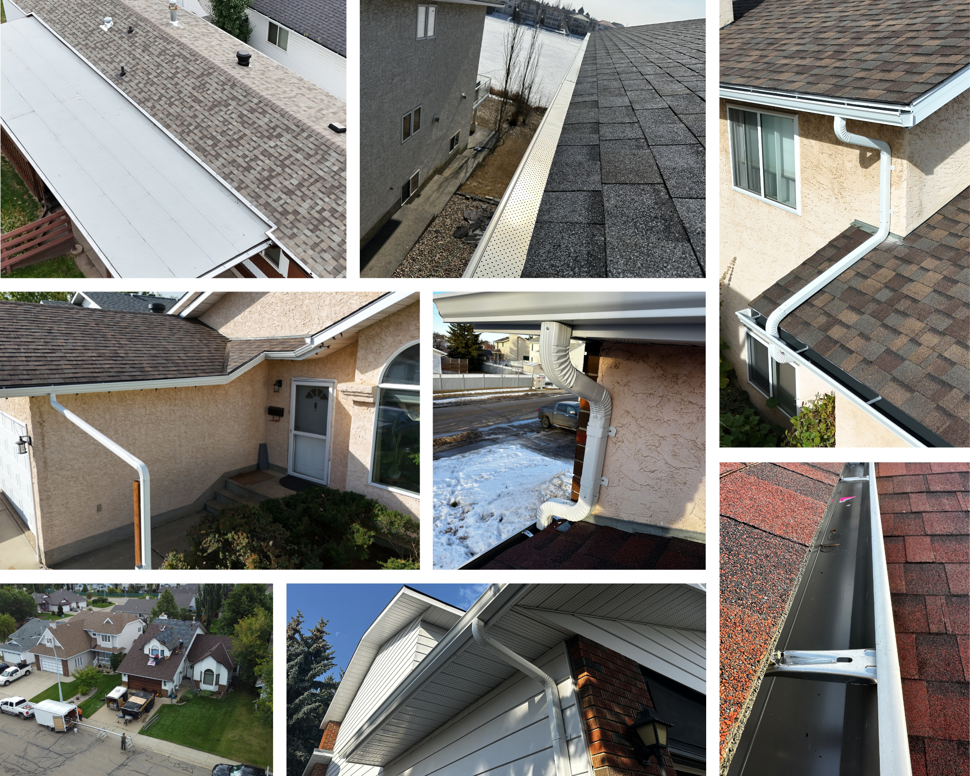 Collage of various views of roofing and gutter systems on residential houses, including close-ups of gutters, downspouts, roof shingles, and eaves.